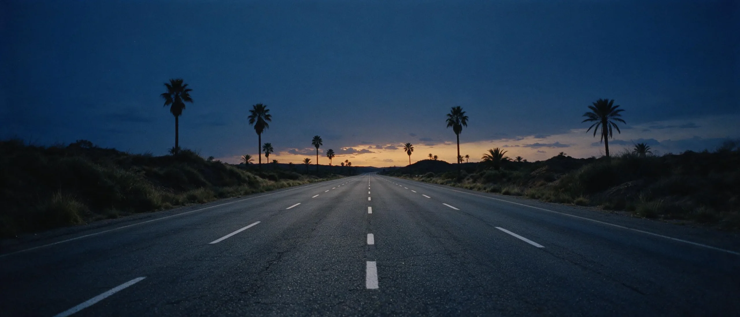 An open road at dusk running toward a warm horizon, palms silhouetted against a deep indigo sky