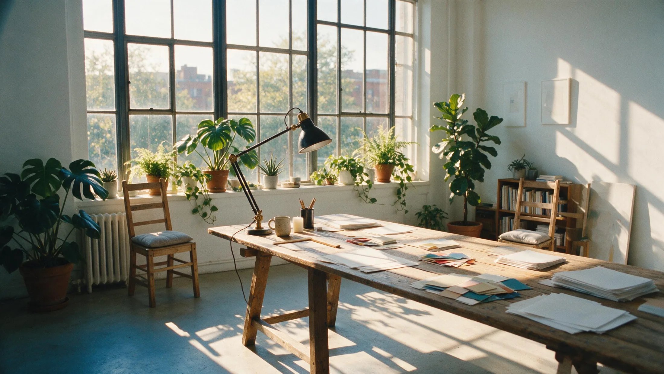 A bright studio worktable in early-morning light, scattered with paper proofs and colour swatches