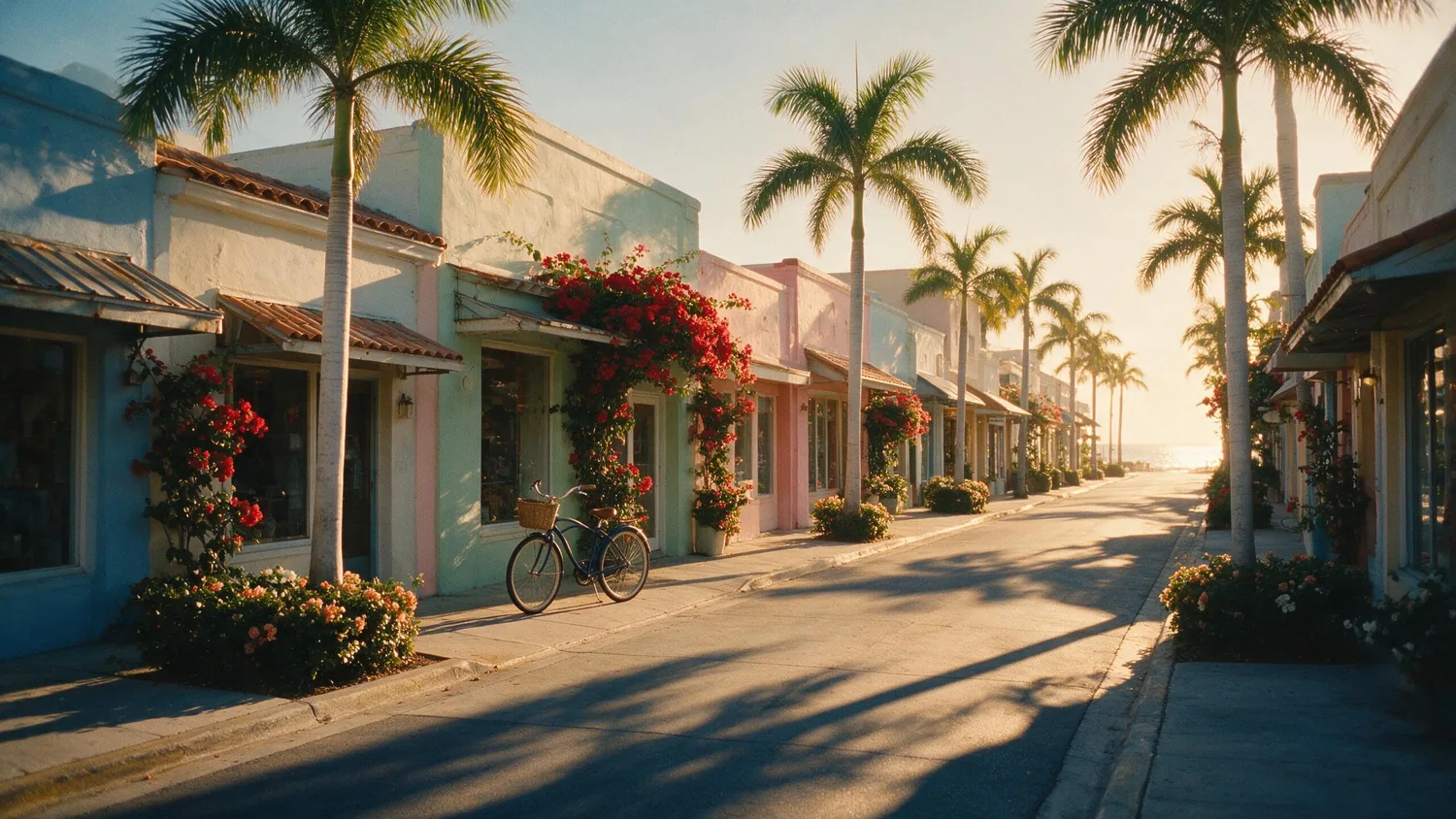 A quiet South Florida coastal street in golden-hour light, palms casting long shadows
