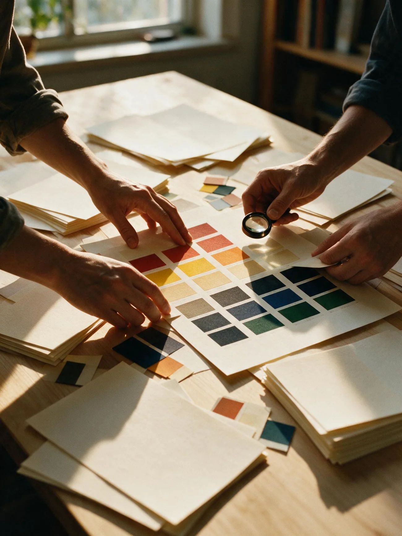 Two pairs of hands arranging printed proofs and colour swatches on a worktable