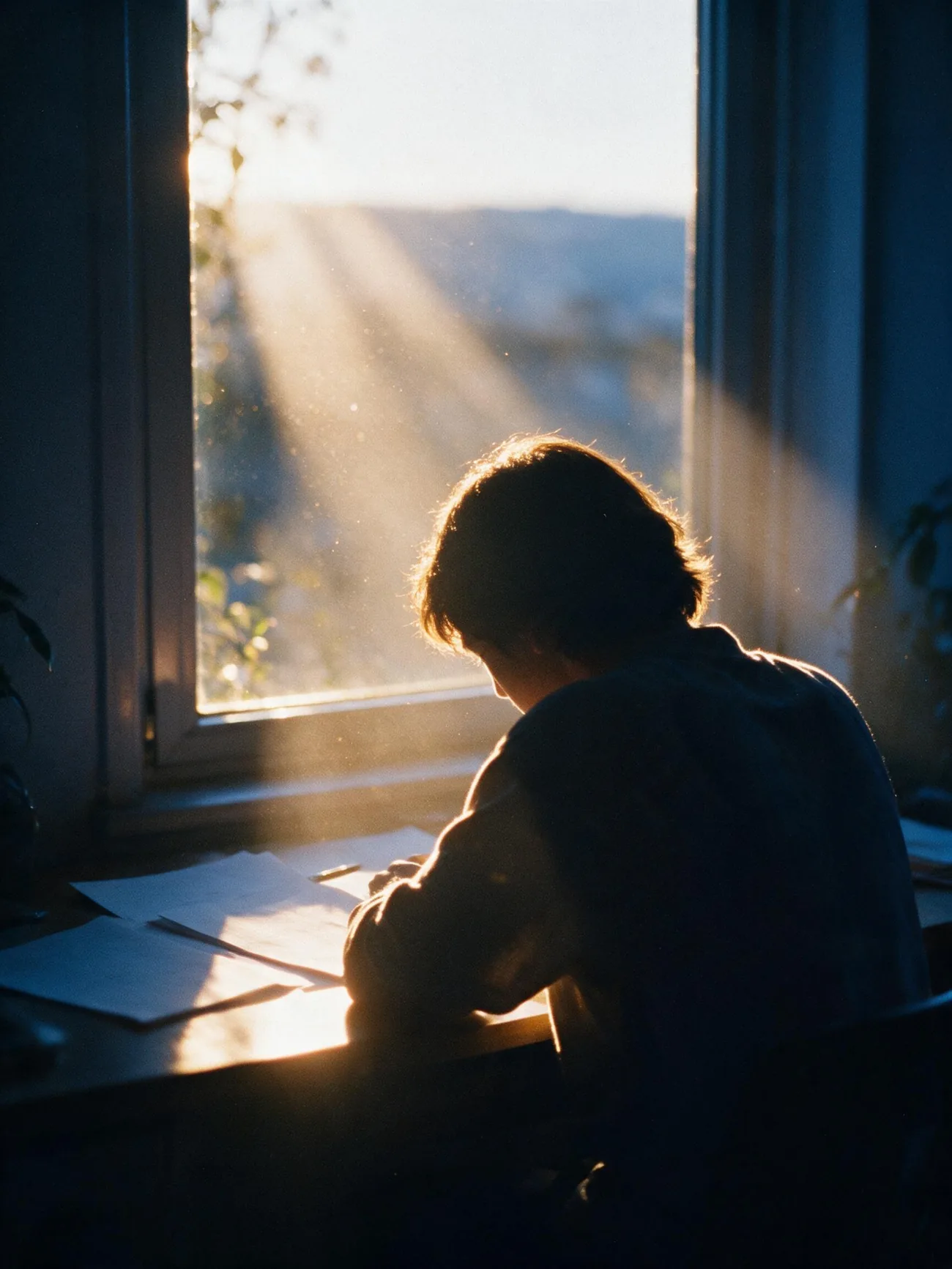 A figure backlit at a sunlit window desk, working over spread papers