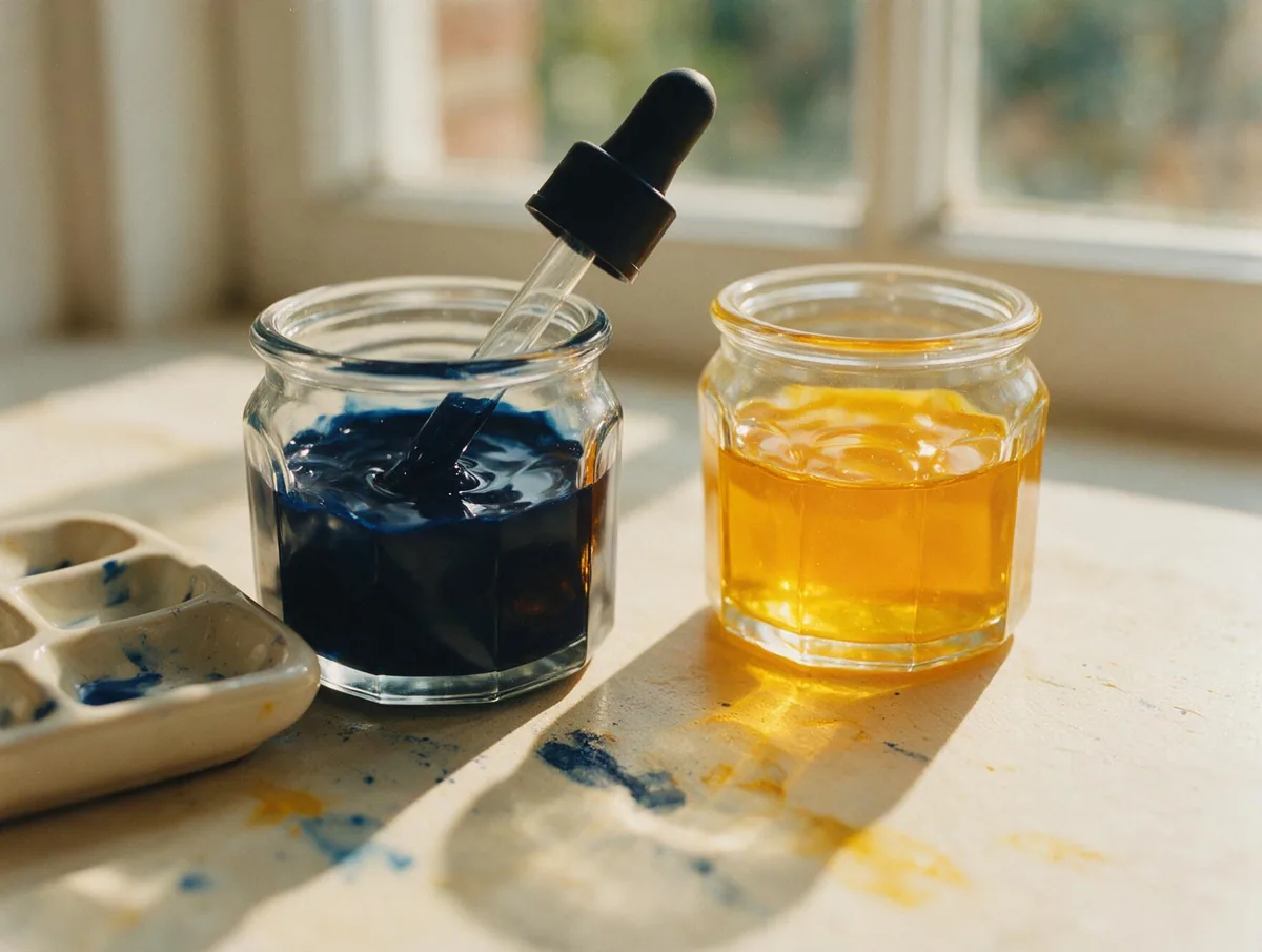 Indigo and amber pigment jars with a dropper on a cream studio surface