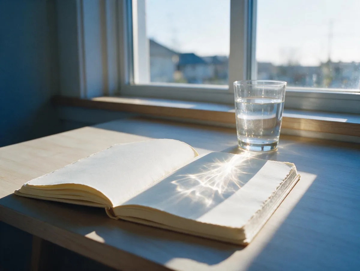 An open blank notebook beside a glass of water, light refracting across the page