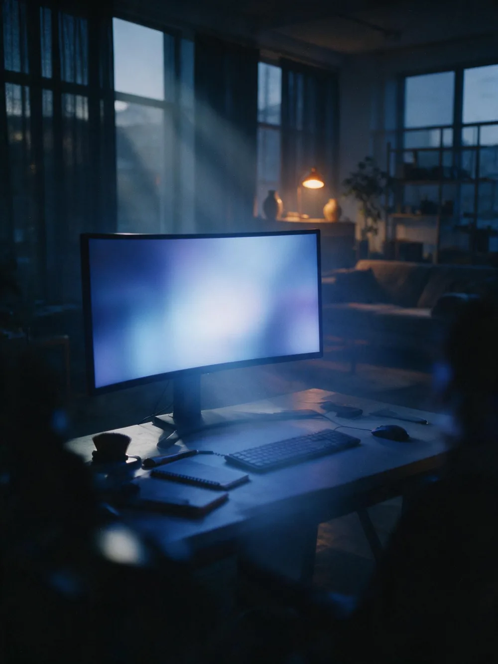 Cool blue screen glow lighting a darkened studio at dusk
