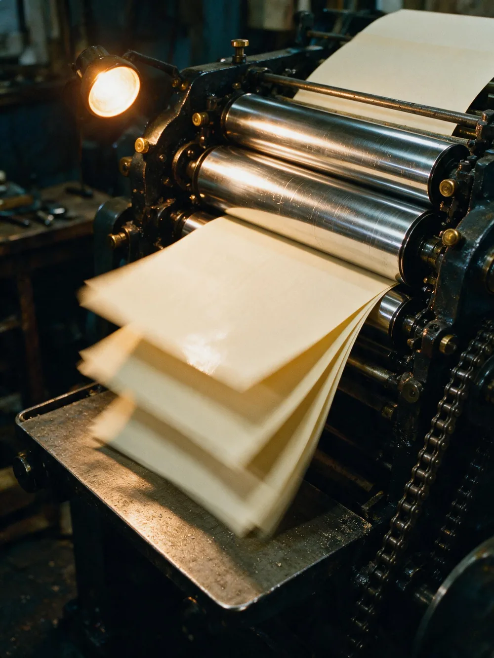 Cream sheets running through the steel rollers of an offset printing press